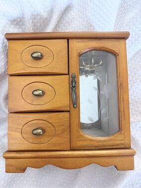 Wooden Jewelry Box with Etched Glass Door - Honey Brown